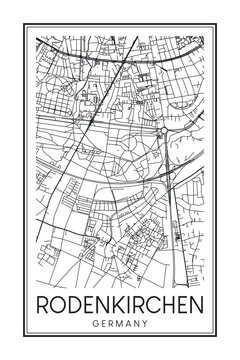 Hand drawn printable downtown road map poster of the German city quarter of COLOGNE-RODENKIRCHEN on solid white background with city name