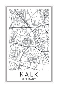 Hand drawn printable downtown road map poster of the German city quarter of COLOGNE-KALK on solid white background with city name