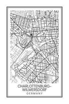 Hand drawn printable downtown road map poster of the German city quarter of BERLIN-CHARLOTTENBURG-WILMERSDORF on solid white background with city name