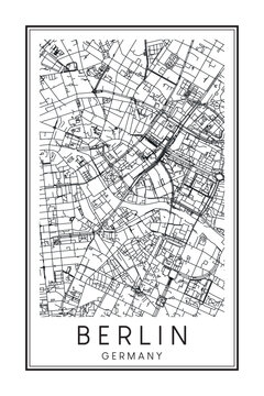 Hand drawn printable downtown road map poster of the German city of BERLIN on solid white background with city name