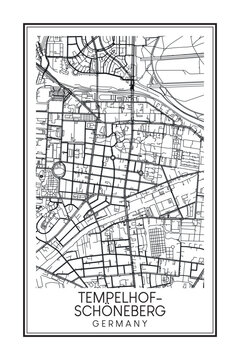 Hand drawn printable downtown road map poster of the German city quarter of BERLIN-TEMPELHOF-SCHÖNEBERG on solid white background with city name