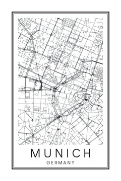 Hand drawn printable downtown road map poster of the German city of MUNICH on solid white background with city name