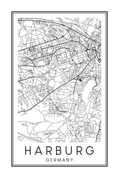 Hand drawn printable downtown road map poster of the German city quarter of HAMBURG-HARBURG on solid white background with city name