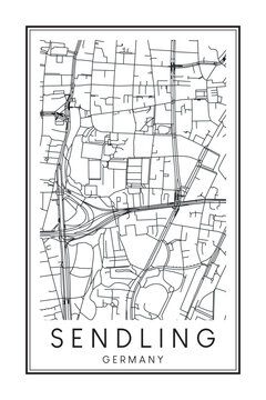 Hand drawn printable downtown road map poster of the German city quarter of MUNICH-SENDLING on solid white background with city name