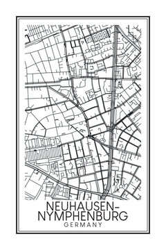 Hand drawn printable downtown road map poster of the German city quarter of MUNICH-NEUHAUSEN-NYMPHENBURG on solid white background with city name