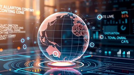  - Global data visualization network showcasing connectivity with a detailed information interface and futuristic technology elements for worldwide business