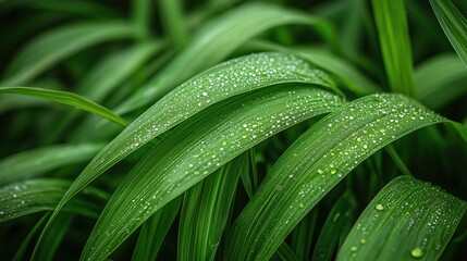 Wall Mural - lush green leaves glistening with morning dew in a vibrant natural setting during early hours
