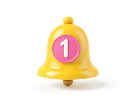 Yellow Notification Bell with Number One Alert on White Background