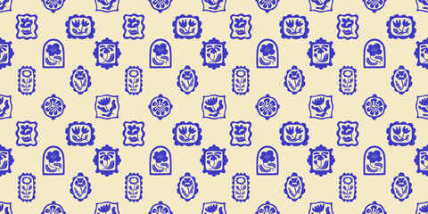 Leinwandbilder - Blue floral seamless pattern illustration. Vintage style flower frame background design. Geometric natural wallpaper print, spring season nature backdrop texture with flowers.