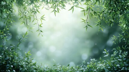 Wall Mural - lush greenery framing a serene background with soft lighting and gentle textures in a natural settin
