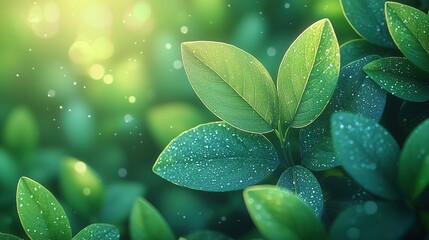 Wall Mural - close-up of fresh green leaves glistening with water droplets in a sunlit forest during early mornin