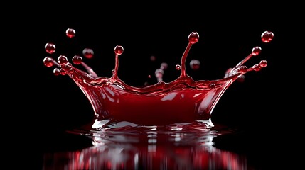 Poster - Red liquid crown splash with droplets on dark background, high-speed photography capturing dynamic fluid motion and symmetrical impact pattern with mirror reflection.