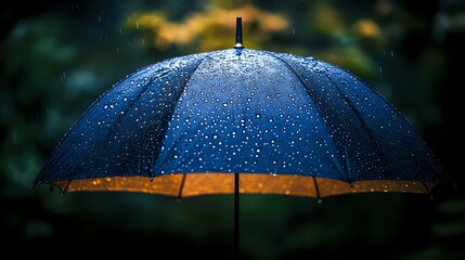 Poster - Blue umbrella with water drops against dark background, illuminated by warm light. Moody rainy weather atmosphere with bokeh effect and golden accents.