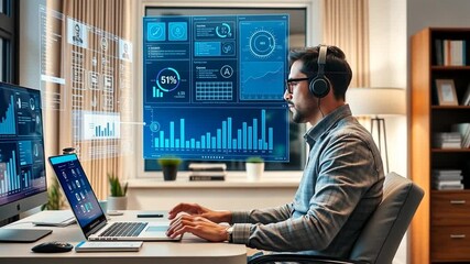 Poster - Man analyzes financial data with augmented reality interface at his workstation creating a modern futuristic atmosphere for strategic analysis