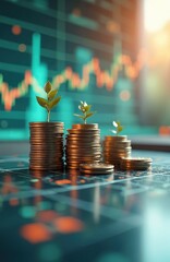 Aufkleber - Investment fund concept. Stacked coins with small plant sprouts over chart. Financial growth, success, profit, wealth. Saving money, budget planning, increase passive income, manage investment