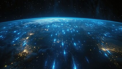 Poster - Blue glowing lines stream across a dark Earth from space, depicting global network connections. City lights illuminate the planet