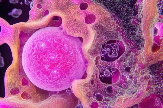 Microscopic view of a cell undergoing division within a complex organic structure