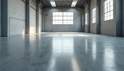 Poster - Vast empty warehouse, polished concrete floor, ready for storage, manufacturing. Clean, modern industrial design, open space, natural light. Versatile facility for inventory, logistic, production,