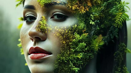 Poster - Human face blended with nature elements showcasing harmony with technology and environment, Human face with nature elements, implying technology and environment fusion