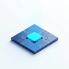 Poster - Isometric microchip, futuristic tech in blue tones. Central processing unit, computer processor, electronic circuit, hardware on clean white background. AI, machine learning, modern digital solutions
