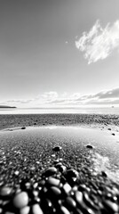 Wall Mural - Tranquil black and white seascape with pebble beach and cloudy sky