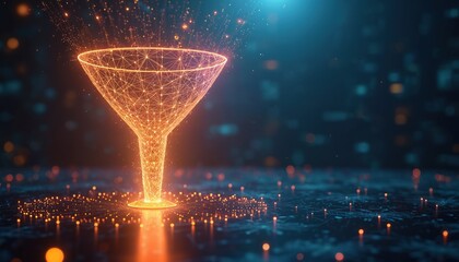 Aufkleber - Digital funnel glows with dots, lines on dark blue tech surface. Big data transformation concept. Data collection, analysis in machine learning. Modern visualization of info process, artificial