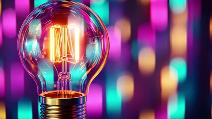 Poster - Glowing light bulb shines brightly against colorful neon background in artistic display, A glowing light bulb with a colorful neon background