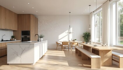 Aufkleber - Bright open plan home features kitchen and dining room. White walls, parquet floors, wood marble furniture. Modern interior with table, chairs, plant near window. Stylish design, spacious living.