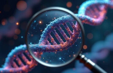 Poster - DNA strand close-up with magnifying glass. Helix structure, genetic research, genome sequencing. Medical, pharmaceutical, biochemistry, biotechnology, scientific innovation, health, life science