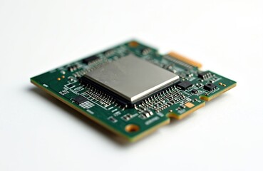 Poster - Macro photo of modern central processing unit. Green tech circuit board with chipset for tech background. Technical computer component, CPU hardware electronic micro equipment.
