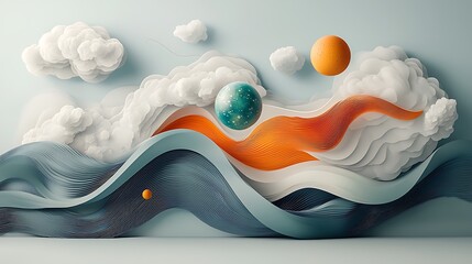 Poster - Abstract 3D scene with sculpted waves and clouds
