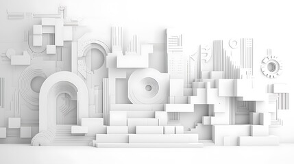 Poster - Abstract architectural design, white geometric shapes, futuristic, modern wall art