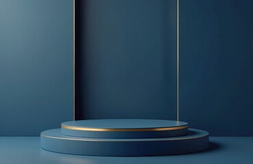 Poster - Minimalist mockup stage display background with blue platform, gold line accents. Modern abstract studio room geometric backdrop scene for product advertising display, presentation template cosmetic
