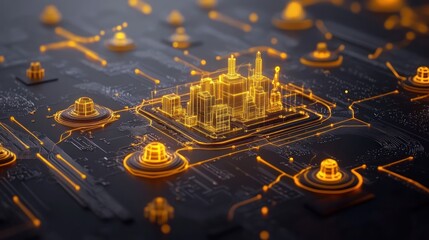 Fototapete - Smart City Digital Landscape: A Futuristic Metropolis Integrated into Circuitry