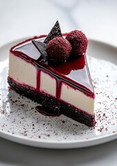 Poster - Gourmet cheesecake with a rich berry topping and chocolate curls creating an enticing dessert experience : Generative AI