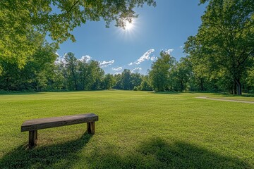 Poster - Sunlight illuminating lush green grass in a peaceful park with bench