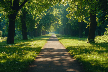 Poster - Sunlight filtering through trees in a lush green park