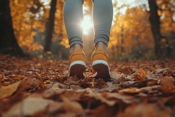 Poster - Woman walking on autumn leaves in forest at sunset