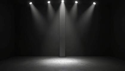 Poster - Black studio room background for product showcase. Five spotlights illuminate vertical wall panel, floor. Empty stage as montage for product display podium. Abstract dark wallpaper design, place for