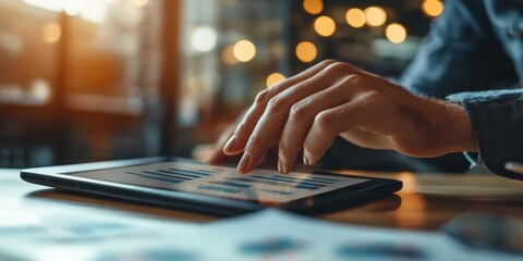 Poster - Businessman analyzing financial charts on digital tablet in office setting