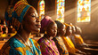 © SalenayaAlena - African women in colorful attire attending church service with stained glass windows.