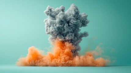 Poster - Abstract explosion of smoke, orange and gray, on a mint background