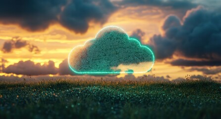 Aufkleber - Glowing digital cloud hovering over grass field at sunset: cloud computing concept
