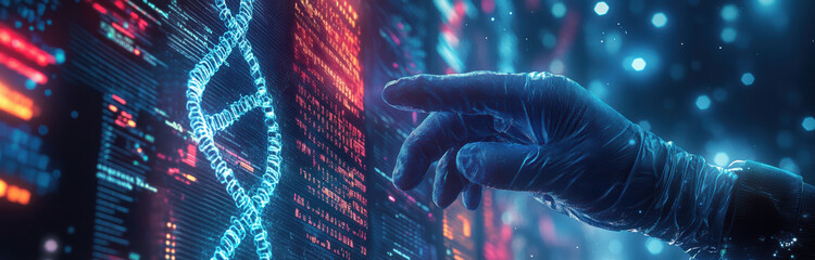 Fototapete - Scientist pointing at dna double helix hologram on futuristic interface