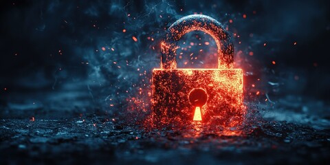 Poster - Digital lock glowing in fiery red amidst dark smoke and sparks at night