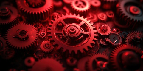Poster - Intricate arrangement of red gears showcasing mechanical engineering and design principles in a close-up view
