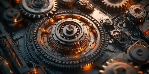 Poster - Detailed view of intricate mechanical gears with glowing highlights in a dark environment