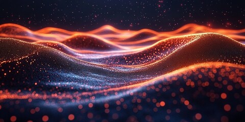 Fototapete - Dynamic waves of light and color create a mesmerizing abstract landscape in dark space
