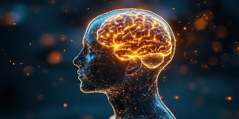 Poster - Exploration of human cognition with a glowing brain inside a digital silhouette at dusk
