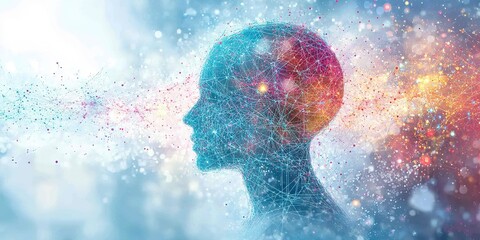 Poster - Digital representation of a human head surrounded by colorful particles and light, symbolizing creativity and technology